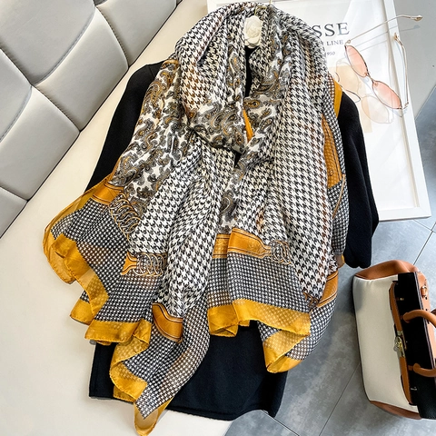 Bufanda Chal Con Estampado De Pata De Gallo Y Cachemira Satén Artificial Protector Solar De Gran Tamaño Accesorio De Moda Elegante