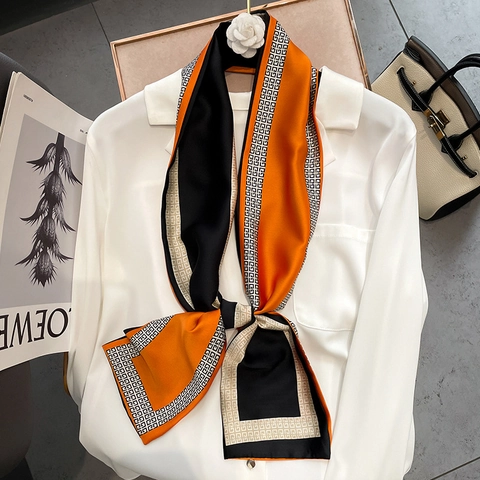 Bufanda Estrecha De Moda Para Mujer Imitación De Satén Cinta Larga Estrecha Patrón Geométrico Color De Contraste Accesorio Decorativo Multifuncional