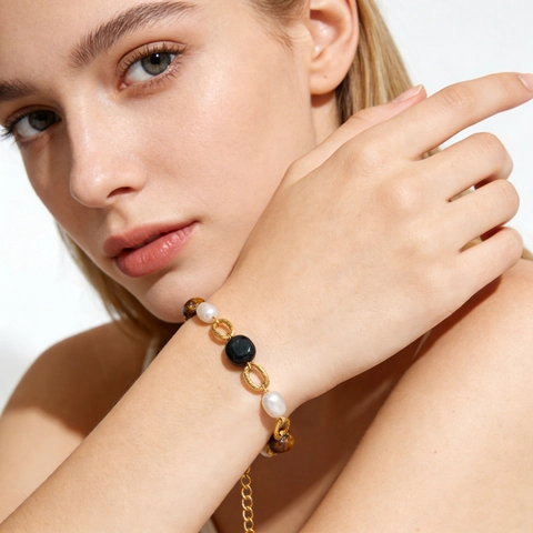 Vintage Stainless Steel Bracelet With Tiger Eye Artificial Pearl And Natural Stone Adjustable Gold Plated Beaded Chain For Women