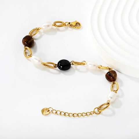 Vintage Stainless Steel Bracelet With Tiger Eye Artificial Pearl And Natural Stone Adjustable Gold Plated Beaded Chain For Women