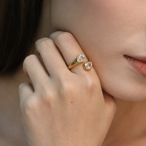 Anillo Aperto Regolabile Doppia Goccia D'acqua Zirconia Acciaio Inossidabile Placcato Oro 18K Geometrico Irregolare Donne