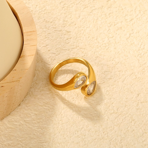 Anillo Aperto Regolabile Doppia Goccia D'acqua Zirconia Acciaio Inossidabile Placcato Oro 18K Geometrico Irregolare Donne