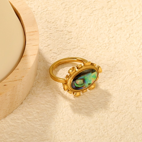 Vintage Oval Abalone Shell Ring 18K Gold Plated Stainless Steel Beaded Border Bohemian Jewelry For Women