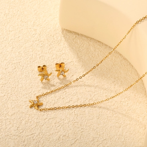 Collana Con Ciondolo Stella Marina E Orecchini Per Donna Acciaio Inoxidabile Zirconia Con Perno In Argento Elegante