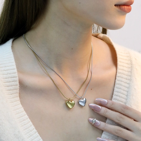 Collar Con Colgante De Corazón Acero Inoxidable Chapado En Oro Cadena De Serpiente Pulido Accesorio Para Mujer