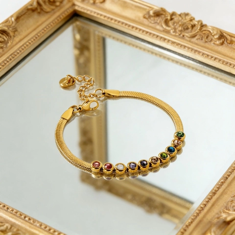 Womens Stainless Steel Snake Chain Bracelet With Colorful Round Zirconia Adjustable Luxury Jewelry Finger Hand Ornament