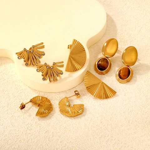 Stainless Steel Stud Earrings Women Vintage Oval Tiger Eye Stone Geometric Fan Shape Pleated Texture Rhinestone Gold Plated