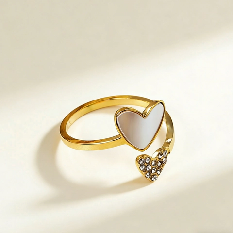 Roestvrijstalen Hart Open Ring Met Kunstparelmoer En Zirconia Verstelbare Minimalistische Mode-Sieraden Voor Vrouwen