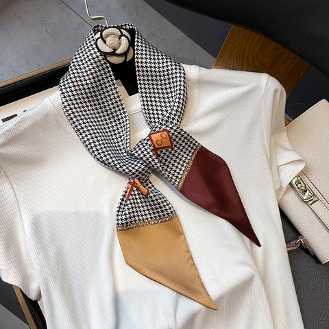 Sciarpa Twilly Pied De Poule Raso Sintetica Foulard Sottile Nastro Borsa Fascia Capelli Francese Elegante Motivo Catena Donne