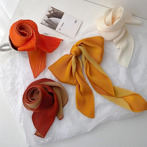 Skinny Scarf For Women Satin Feel Pleated Plisse Decorative Neck Tie Solid Color Fashion Hair Band Bag Wrap Elegant