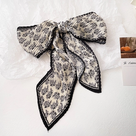 Paisley Print Pleated Skinny Scarf Faux Satin Hair Tie Bag Streamer Retro French Style Neck Head Decorative Scarf