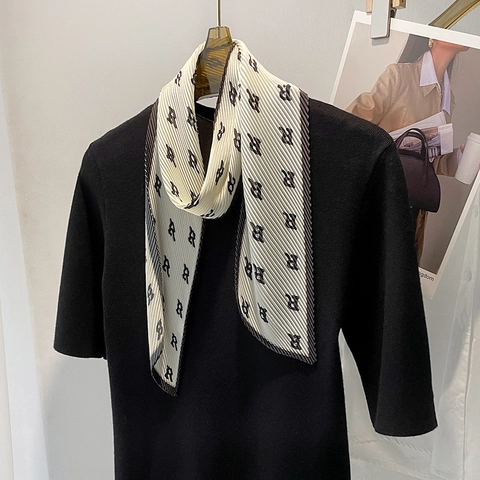 French Vintage Pleated Skinny Scarf For Women Letter Print Satin Long Ribbon Hair Tie Bag Handle Wrap Decorative Neck Scarf