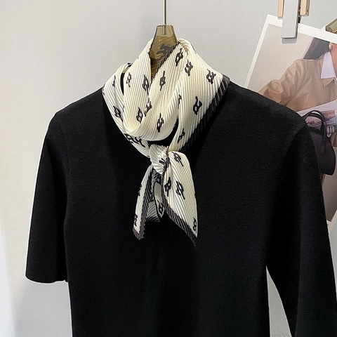 French Vintage Pleated Skinny Scarf For Women Letter Print Satin Long Ribbon Hair Tie Bag Handle Wrap Decorative Neck Scarf