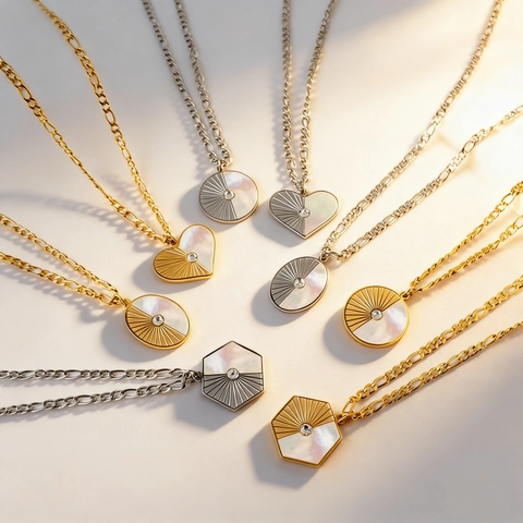 Geometric Pendant Necklace 18K Gold Plated Stainless Steel White Shell Cubic Zirconia Figaro Chain