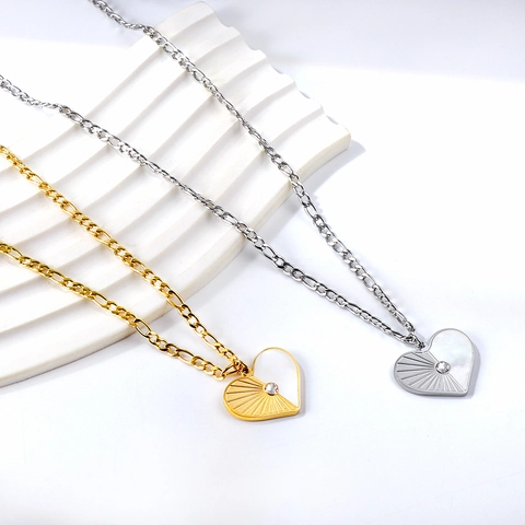 Geometric Pendant Necklace 18K Gold Plated Stainless Steel White Shell Cubic Zirconia Figaro Chain