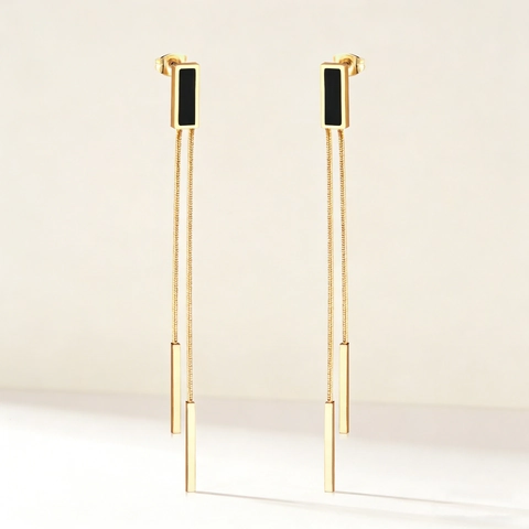 Lange Kwastje Oorbellen Roestvrij Staal Verguld Geometrisch Zwart Element Minimalistische Sieraden Voor Vrouwen