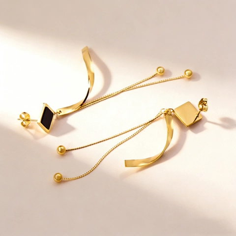 Lange Kwastje Oorbellen Roestvrij Staal Verguld Geometrisch Zwart Element Minimalistische Sieraden Voor Vrouwen