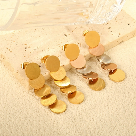 Geometric Round Disc Dangle Earrings Brushed Stainless Steel Gold Plated Multi Color Layered Drop Ear Studs For Women