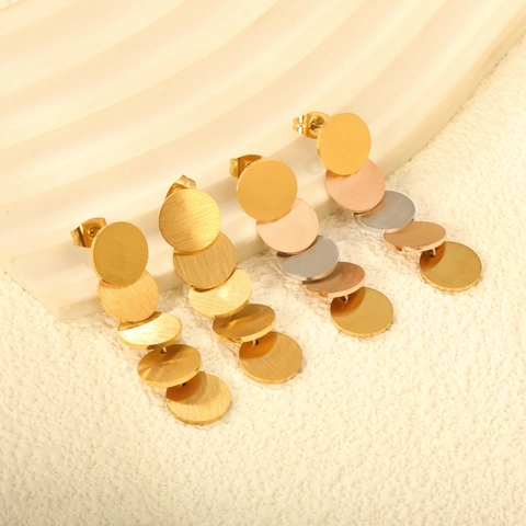 Geometric Round Disc Dangle Earrings Brushed Stainless Steel Gold Plated Multi Color Layered Drop Ear Studs For Women