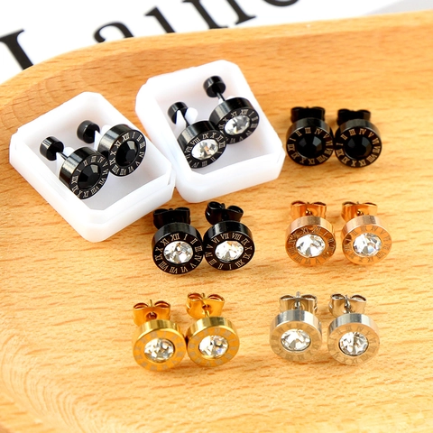Stainless Steel Roman Numeral Round Stud Earrings With Cubic Zirconia Shell Inlay Unisex Punk Style Jewelry Gift