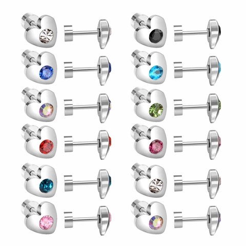 Cubic Zirconia Stud Earrings Stainless Steel Geometric Star Heart Hexagon Flower Round Screw Back Piercing Women Men