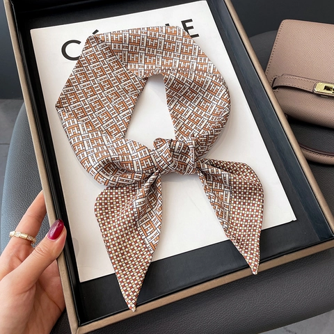 Women Skinny Satin Scarf Twilly Geometric Grid Pattern Fashion Neck Scarf Hair Band For Handbags Elegant Accessory