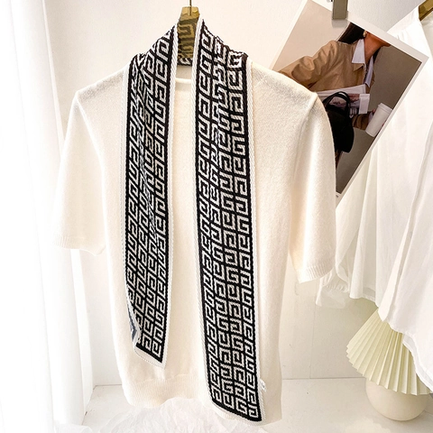 Sciarpa Plissettata Stretta In Finta Raso Stampa Geometrica Stile Francese Fascia Capelli Nastro Manico Borsa Accessorio