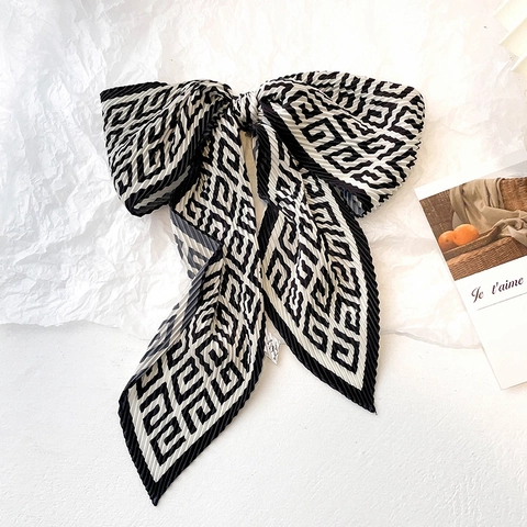 Sciarpa Plissettata Stretta In Finta Raso Stampa Geometrica Stile Francese Fascia Capelli Nastro Manico Borsa Accessorio