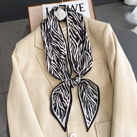 Moda Mujer Satén Bufanda Estrecha Cebra Ecuestre Estampado Cinta Diadema Pelo Elegante Pañuelo Cuello Multiuso Asa Bolso Accesorio
