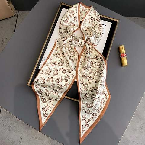 Women Elegant Satin Skinny Scarf Vintage Paisley Pattern French Style Neck Tie Bag Handle Ribbon Hair Band Headband