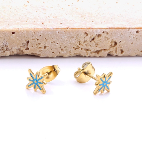 Stainless Steel Starfish Eight Pointed Star Stud Earrings Gold Plated Blue Enamel Screw Back Fashion Jewelry For Women