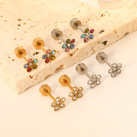 Orecchini A Lobo Fiore In Acciaio Inossidabile Squisiti Zirconi Colorati Mini Piercing Con Chiusura A Vite Per Donna Elegante Semplice Moda