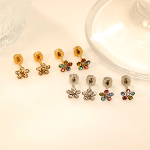 Orecchini A Lobo Fiore In Acciaio Inossidabile Squisiti Zirconi Colorati Mini Piercing Con Chiusura A Vite Per Donna Elegante Semplice Moda