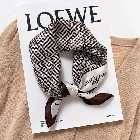 Elegant Mulberry Silk Square Scarf For Women Vintage Houndstooth Pattern Fashion Neckerchief Luxury Soft Silk Hair Head Band Scarf