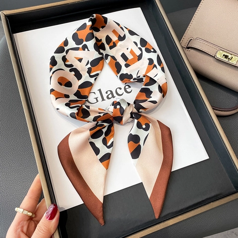 Sciarpa Sottile Motivo Leopardato Lettere Nastro in Raso per Capelli Donna Accessori Fascia per Manico Borsa