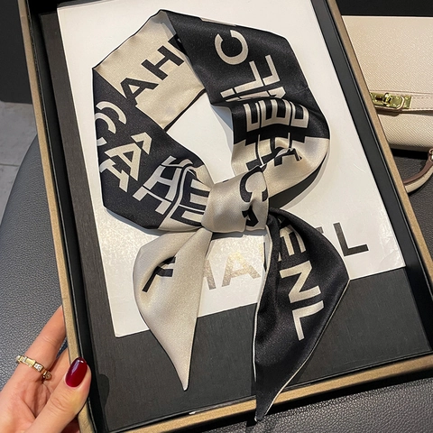 Sciarpa Lunga Stretta Imitazione Raso Stampa Lettere Multifunzionale Fascia Capelli Decorazione Borsa Donna