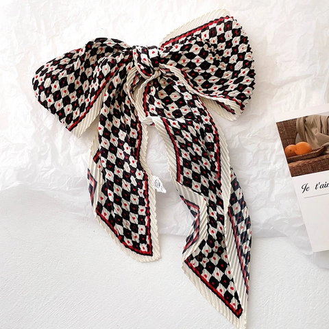Skinny Pleated Scarf Polyester Simulation Satin Checkerboard Lattice Heart Print Korean Style Hair Band Bag Ribbon