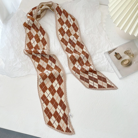 Sciarpa Plissettata Sottile Raso Artificiale Motivo Argyle Scacchiera Cravatta Lunga Stretta Fascia Capelli Stile Francese Donne