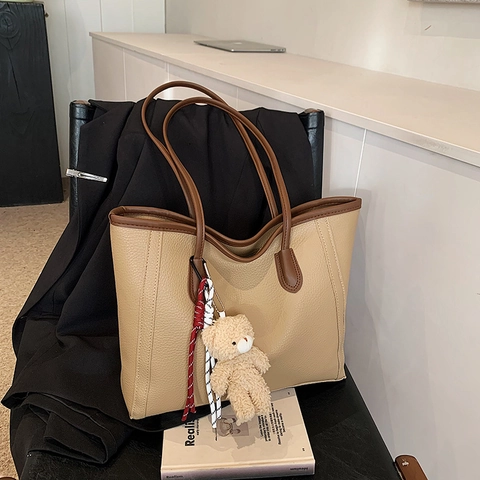 Borsa Tote Grande Capacità Motivo Litchi Pelle PU Borsa A Spalla Pendolare Minimalista Colore Contrasto Donne Ciondolo