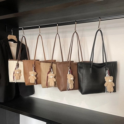 Borsa Tote Grande Capacità Motivo Litchi Pelle PU Borsa A Spalla Pendolare Minimalista Colore Contrasto Donne Ciondolo