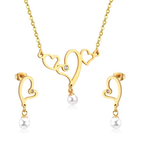 Collana Con Pendente A Cuore E Orecchini Gioielli Cavi In Acciaio Inossidabile Con Zirconia E Perla Artificial Per Donna Elegante