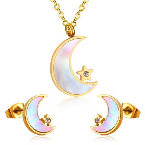 Elegante Collana E Orecchini Luna Stella In Acciaio Inossidabile Madreperla Conchiglia Zircone Gioielli Per Donna