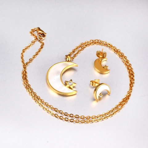 Elegante Collana E Orecchini Luna Stella In Acciaio Inossidabile Madreperla Conchiglia Zircone Gioielli Per Donna
