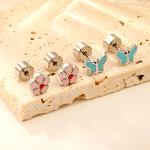 Mini Stainless Steel Flower Butterfly Stud Earrings For Women Cute Enamel Hypoallergenic Tiny Pink Blue Animal Floral Jewelry