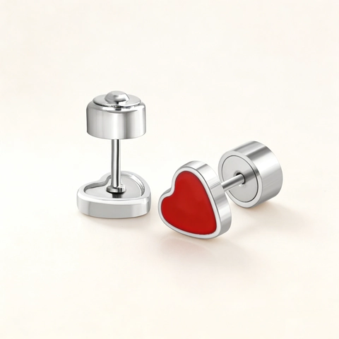 Red Heart Stud Earrings Stainless Steel Enamel Screw Back Anti Allergic Exquisite Korean Fashion For Women