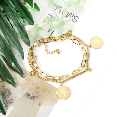 Double Layer Bracelet Stainless Steel 14K Gold Plated Retro Portrait Coin Pendant Fashion Vintage Style Women Hand Jewelry
