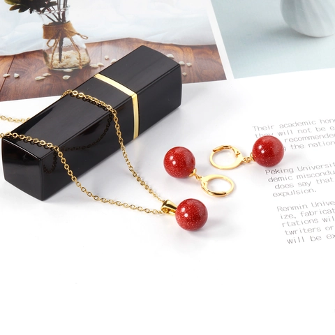 Set Gioielli Perle Tonde Donne Acciaio Inossidabile Occhio Di Gatto Turchese Goldstone Geometrico Collana Orecchini Minimalista Boho