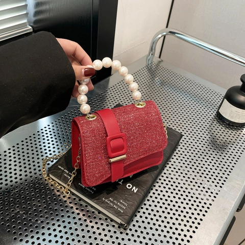 Women Mini Crossbody Bag Sequin Glitter PU Leather Artificial Pearl Handle Gold Chain Strap Square Handbag Evening Party Fashion