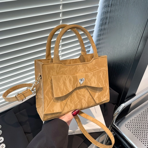 Women Bowknot Heart Rhinestone Small Square Bag PU Leather Wrinkled Texture Handbag Elegant Crossbody Shoulder Bag