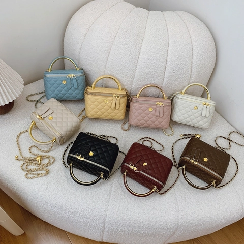 Borsa a Tracolla Trapuntata a Rombi da Donna Vanity Case Borsa a Mano Con Catena Manico in Metallo Decoro Floreale